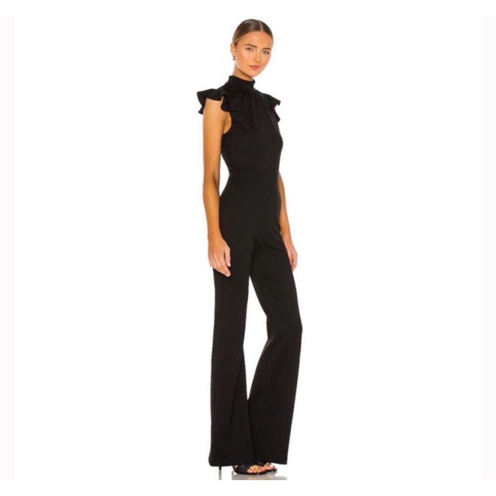 Amanda Uprichard Black Ruffle High-Neck Jumpsuit with Flared Legs